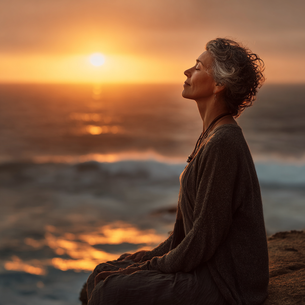 A calm middle-aged woman in a meditative pose at sunset by the ocean