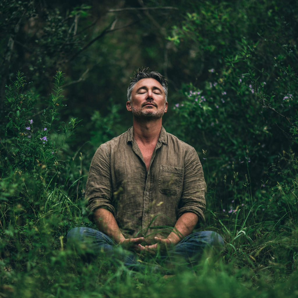 A middle-aged man in a meditative pose in nature surrounded by greenery