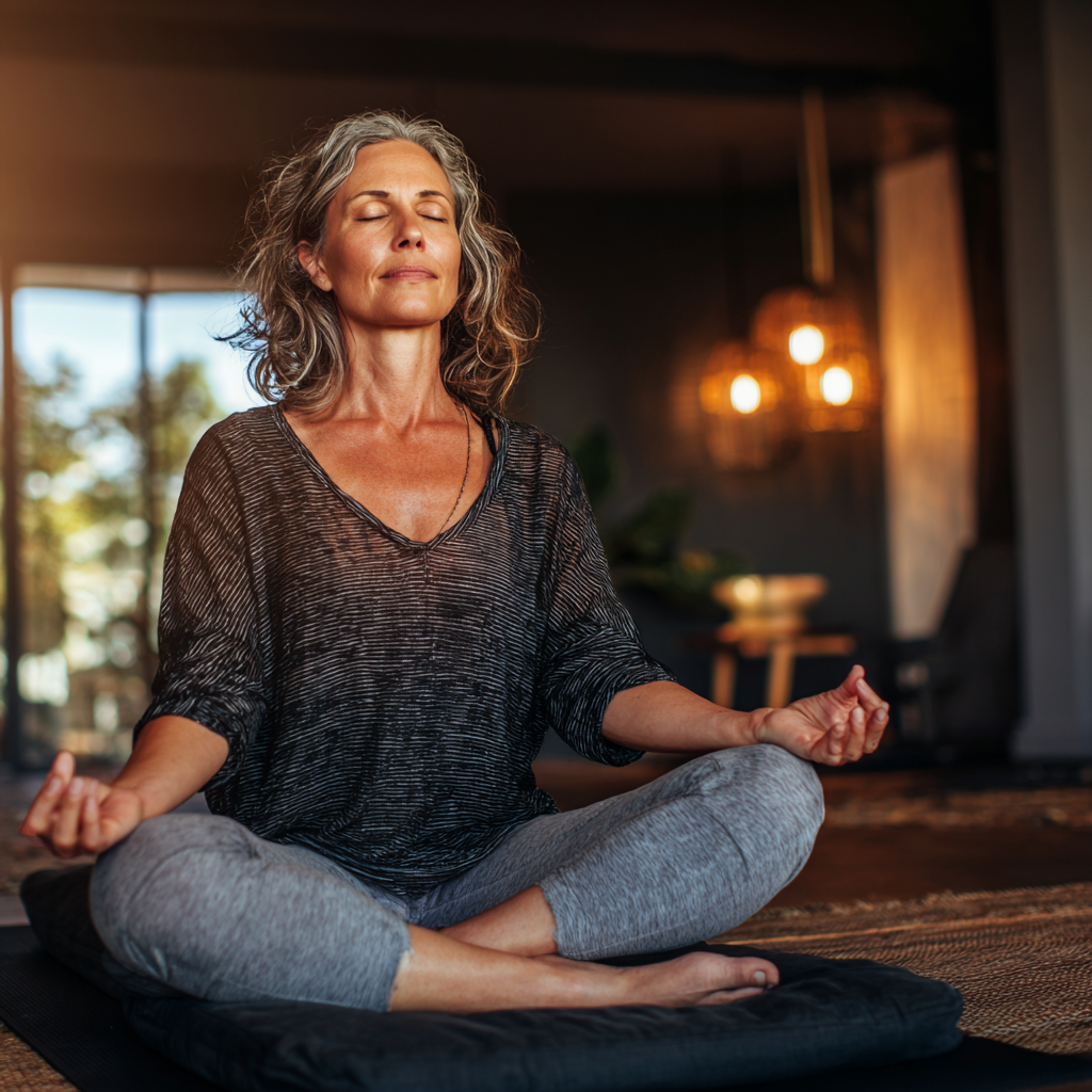 An experienced middle-aged woman meditates in the lotus position in a cozy yoga studio.